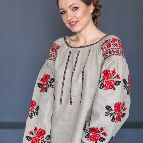 Ukrainian Embroidered Boho Blouse Vyshyvanka Gray Linen - Etsy