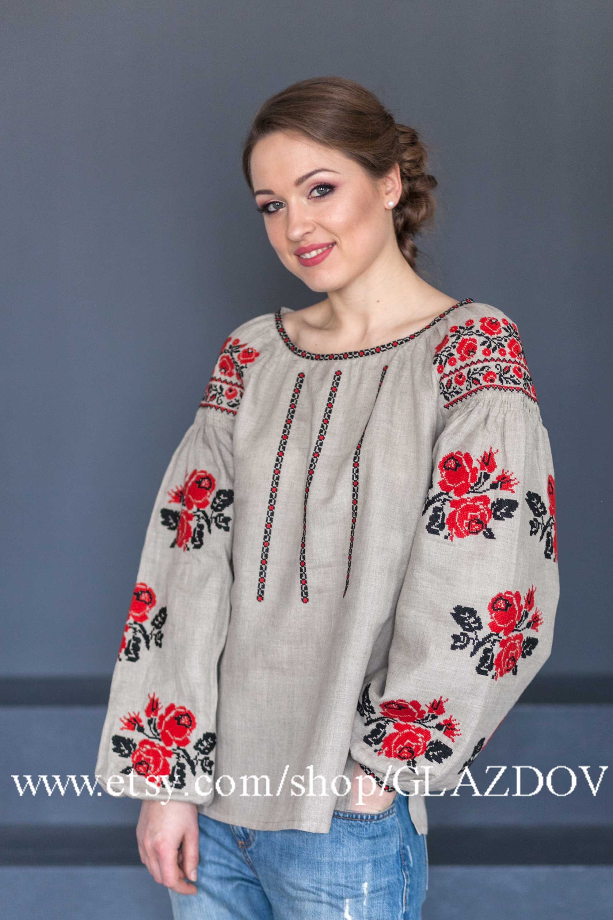 Ukrainian Embroidered Boho Blouse Vyshyvanka gray linen | Etsy
