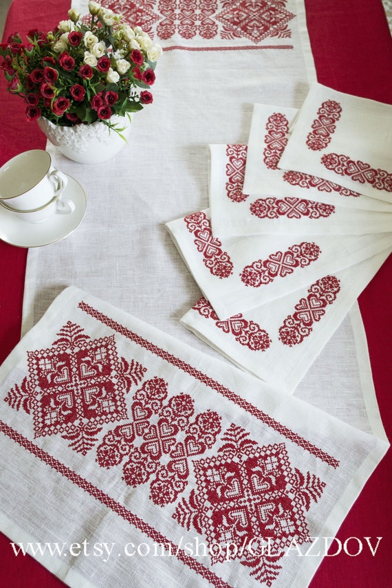 Ukrainian Embroidered Linen Table Runner with cross stitched Etsy
