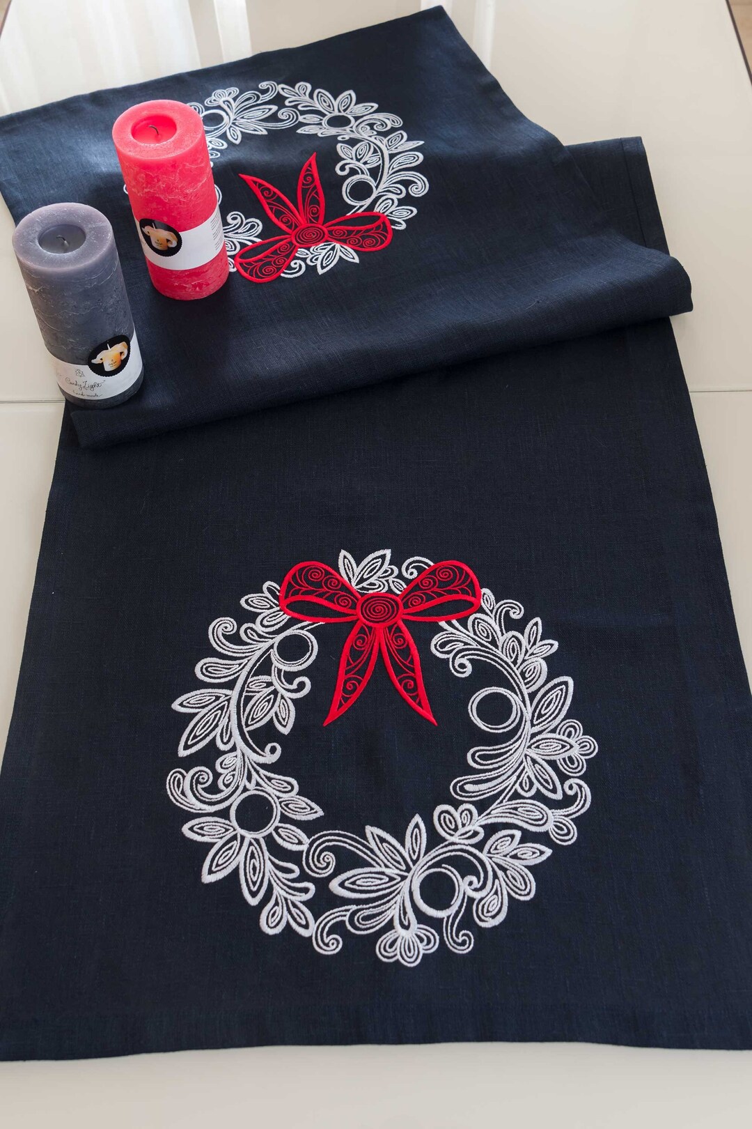 Navy Blue Christmas Table Runner, Embroidered Linen Table Runner 57