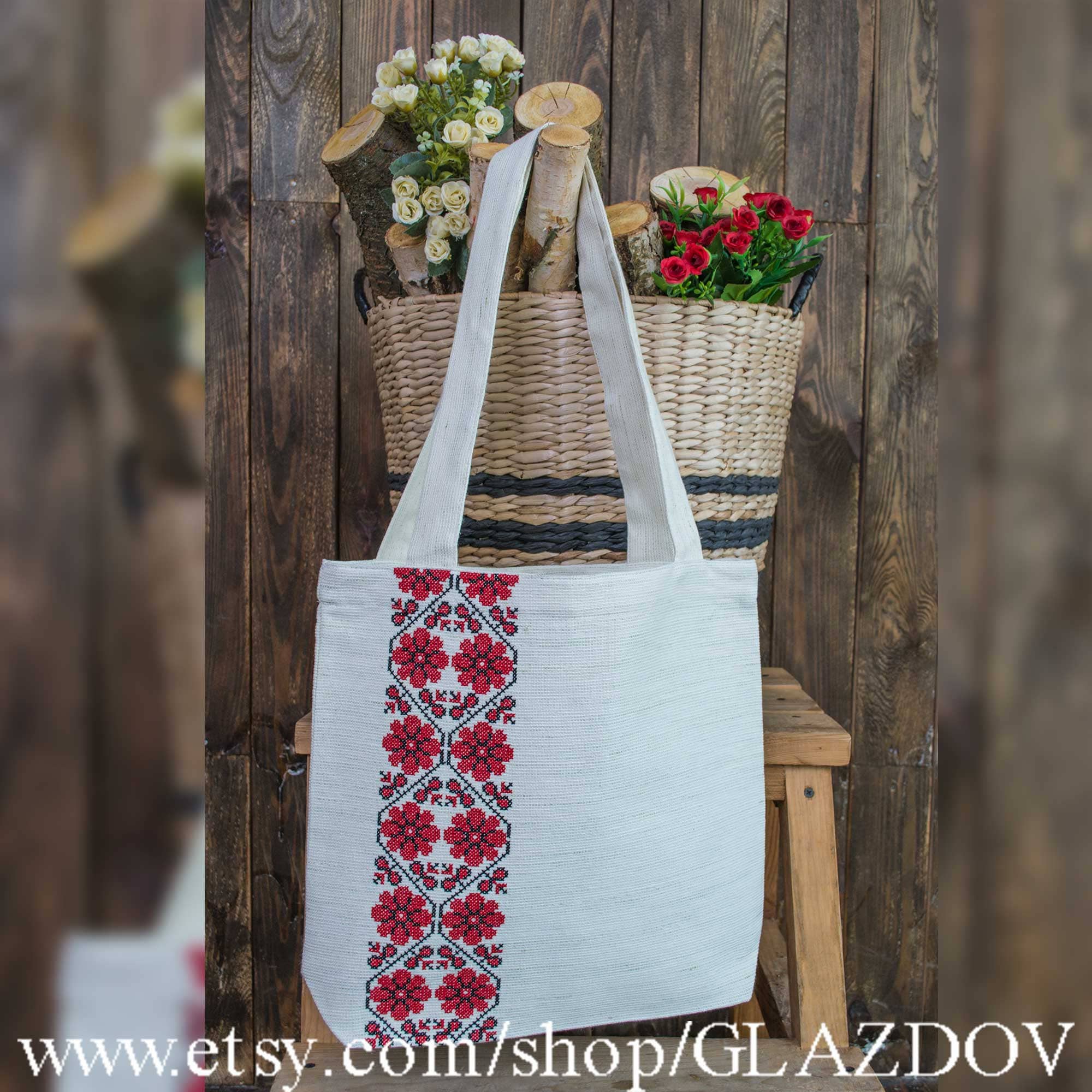 Floral Embroidered bag Linen Cotton Thread Tote Bag 