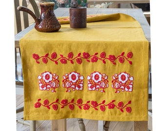 Embroidered Linen Table Runner - Mustard Floral Ukrainian Craft, 19.6x52 Inch