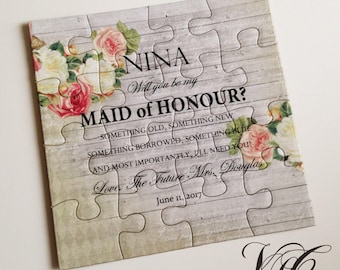 Maid of Honour puzzle - Personalized, Ask Maid of Honor puzzle, Rustic Bridesmaid invitation, Ask Flowergirl, Flower Girl puzzle card