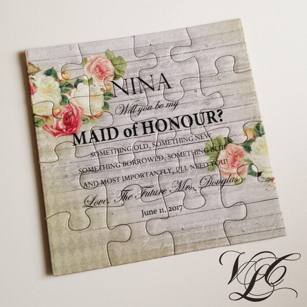 Maid of Honour puzzle - Personalized, Ask Maid of Honor puzzle, Rustic Bridesmaid invitation, Ask Flowergirl, Flower Girl puzzle card