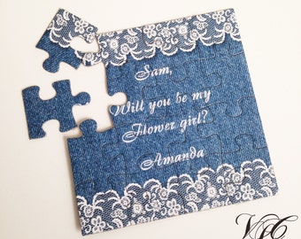 Personalized Bridesmaid proposal puzzle - Denim and Lace, Will You Be My Maid of Honor, Invitation puzzle, Be my Bridesmaid, Ask Bridesmaid