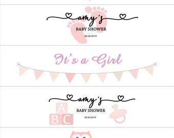 Baby Shower custom water bottle labels It's a Girl water bottle labels waterproof ink - price includes personalization and printing