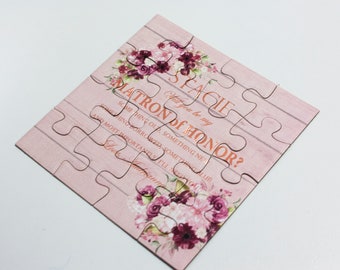 Rose Gold foil Bridesmaid gift Maid of Honor Puzzle proposal with Marsala roses Bridesmaid Invitation Ask Bridesmaid puzzle Flower girl