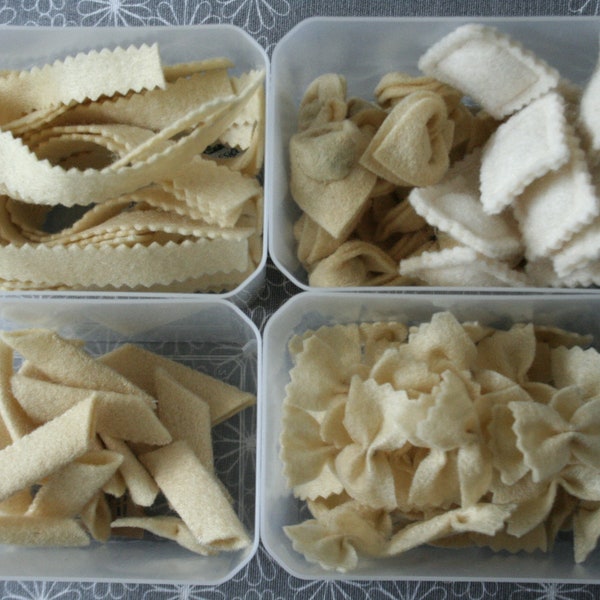 Pâtes en feutre pour faire semblant : parpadelle, farfalle, penne et tortellini