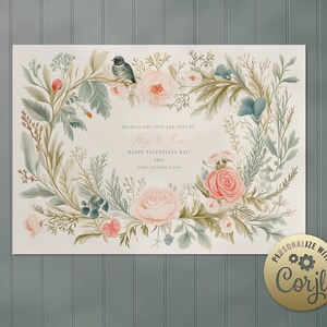 Valentinstag Karte-Corjl Foto Vorlage-Blume Blumenkranz Vintage bearbeitbar Pink-Printable Anpassbare Digital Instant Download