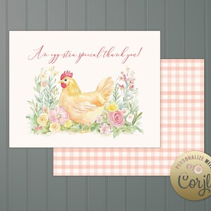 Carte de remerciement - Modèle à télécharger Corjl, invitation fille, jardin, fleur, poulet, été, imprimable, aquarelle, modifiable, téléchargement
