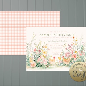 Modèle d'invitation d'anniversaire à télécharger Corjl, fille de jardin, fleur de poulet, été, imprimable aquarelle modifiable en téléchargement immédiat