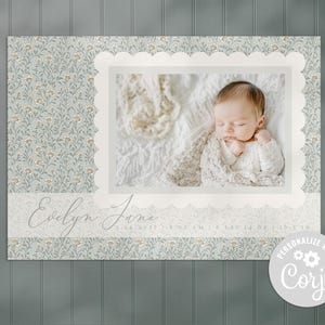 Anuncio de nacimiento con foto: plantilla de bebé recién nacido corjl, descarga digital editable, personalización, niña, niño, diseño floral vintage festoneado