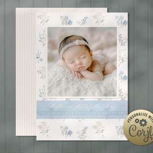 Foto Geburtsankündigung-Neugeborenen Corjl Vorlage-bearbeitbarer digitaler Download-Anpassen personalisieren-Mädchen Blume Blumen Vintage blaue Karte