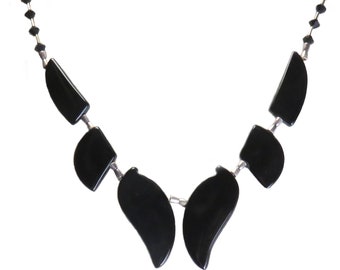 Onyx Fan and sterling silver necklace with Swarovski Crystal Elements - 46cm