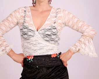 Ecru Flamenco Crossed Blouse Top  lace. 3/4 sleeve with ruffle and lace detail. Spanish Gypsy Flamenco Dance Costume