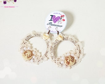 Flamenca Ring Hoops - Limited Edition with Lace, Cameo, and Pearls. Fine finishing of satin flower. Flamenco Dancer