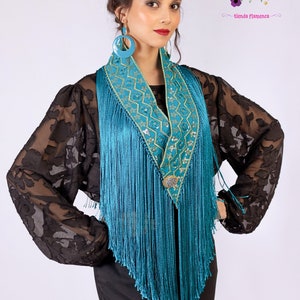 Turquoise Fringe Strip for Neckline with Embroidered Galon with sequins and Wide silk fringes. Spanish Dances Gypsy Flamenco Costumes