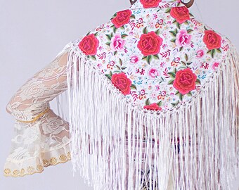White and Red Manila flower print shawl. Flamenco Costumes Fringed Shawl Spanish Gypsy Shawl costumes