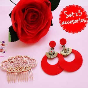 Set Accessories Comb Earrings and Golden Red Flower. Flamenco Dance, Weddings, and Spanish Tribal Dances
