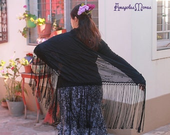 Black Flamenco embroidery shawl in silk chiffon. Triangle shawl - Flamenco Style, Flamenco scarf, flamenco dance costumes