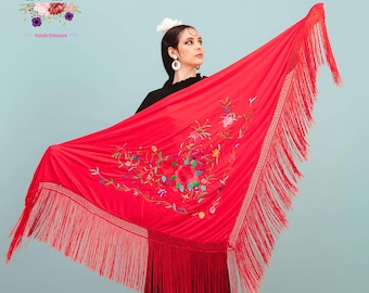 Red Triangle embroidery piano shawl, Manila flowers in silk jersey fabric - Flamenco Spanish Style
