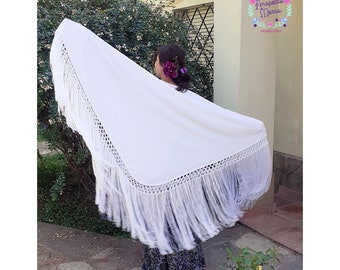 White Silk Piano Shawl spanish flamenco dancewear, parties dress or Weeding Shawl