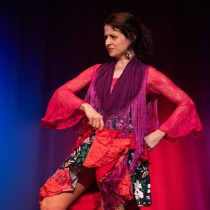 May include: A woman in a pink and purple flamenco dress with a floral print skirt and fringe accents performs on stage.
