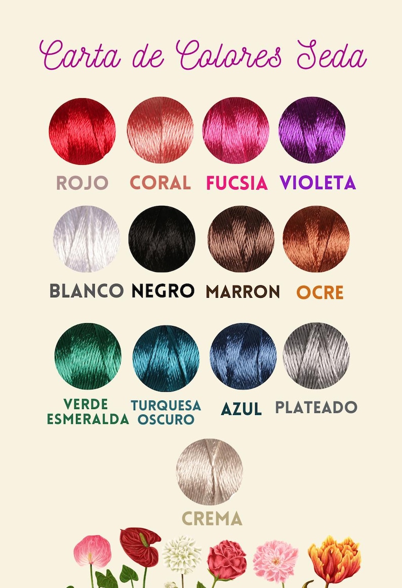 May include: A color chart of silk thread spools in various colors, including red, coral, fuchsia, violet, white, black, brown, ochre, emerald green, turquoise, blue, silver, and cream. The chart is titled "Carta de Colores Seda".