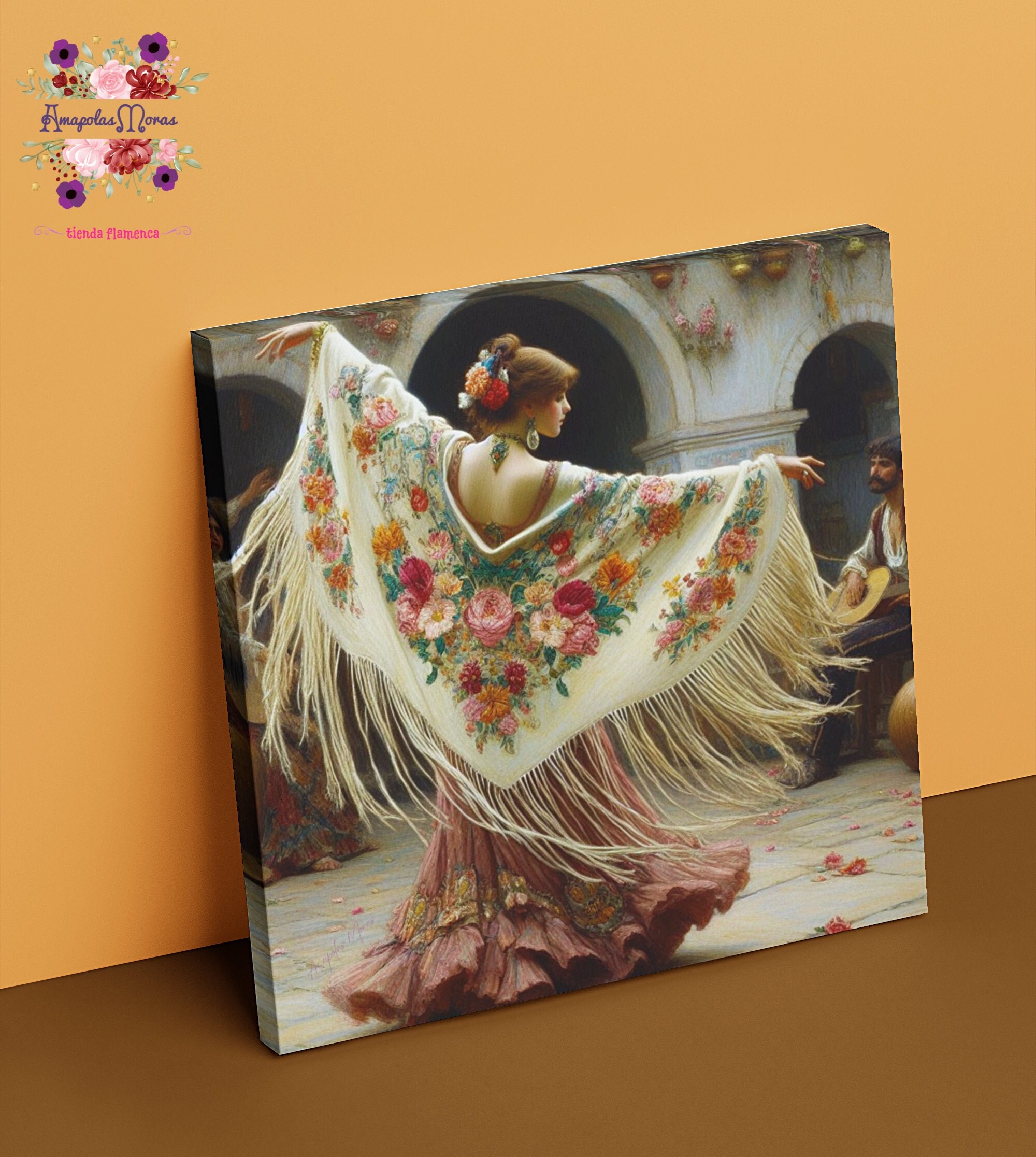 Vintage Flamenco Painting Gypsy Dancer with Manila Shawl Printed Canvas. Digital art. Gift for Spanish