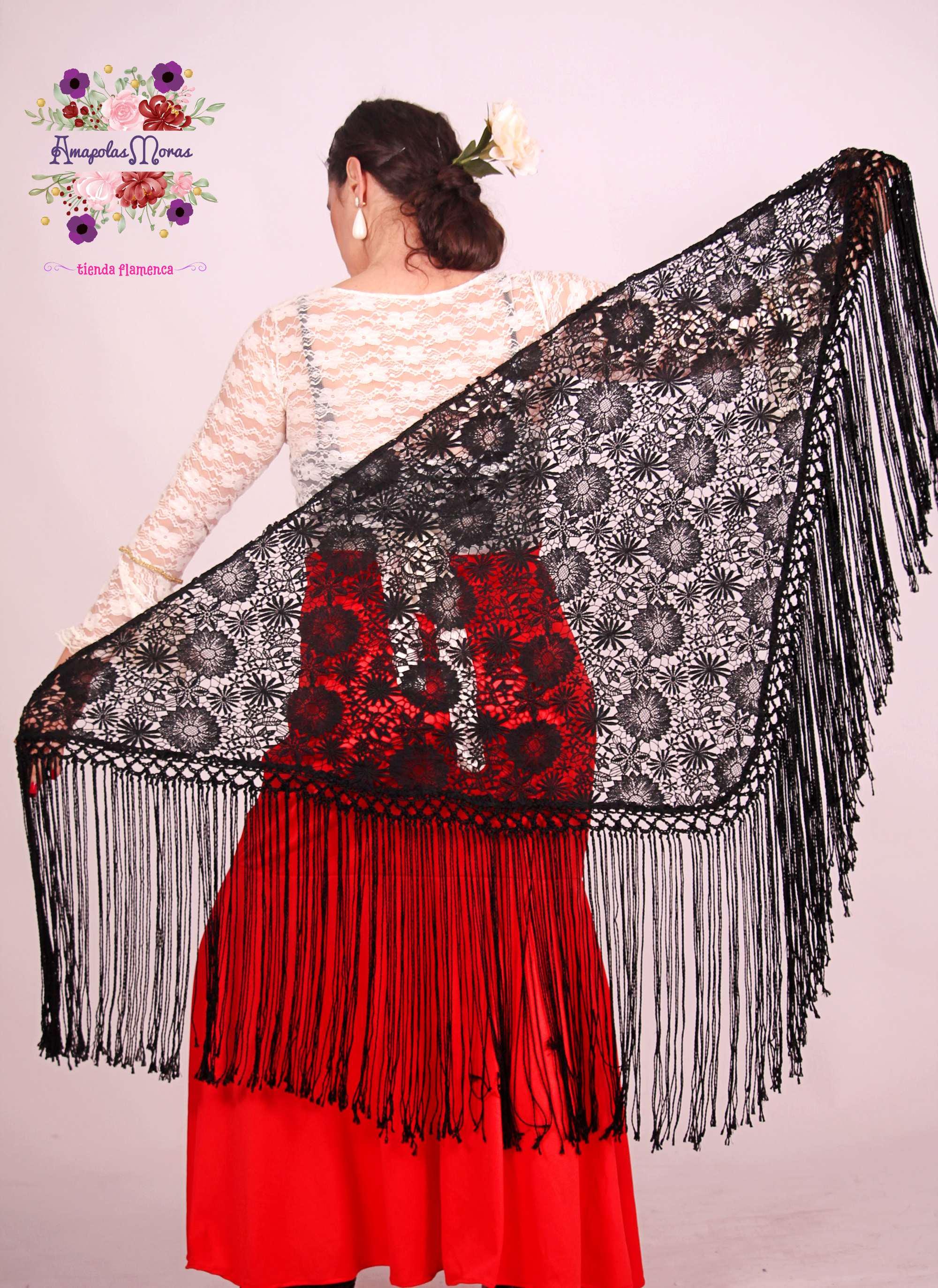 Black Guipure Lace Openwork Shawl With Silk Fringe. Flamenco Dance