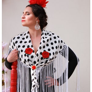 Flamenca Polka dots Shawl with white fringes. Triangle shawl, for Flamenco dance costumes