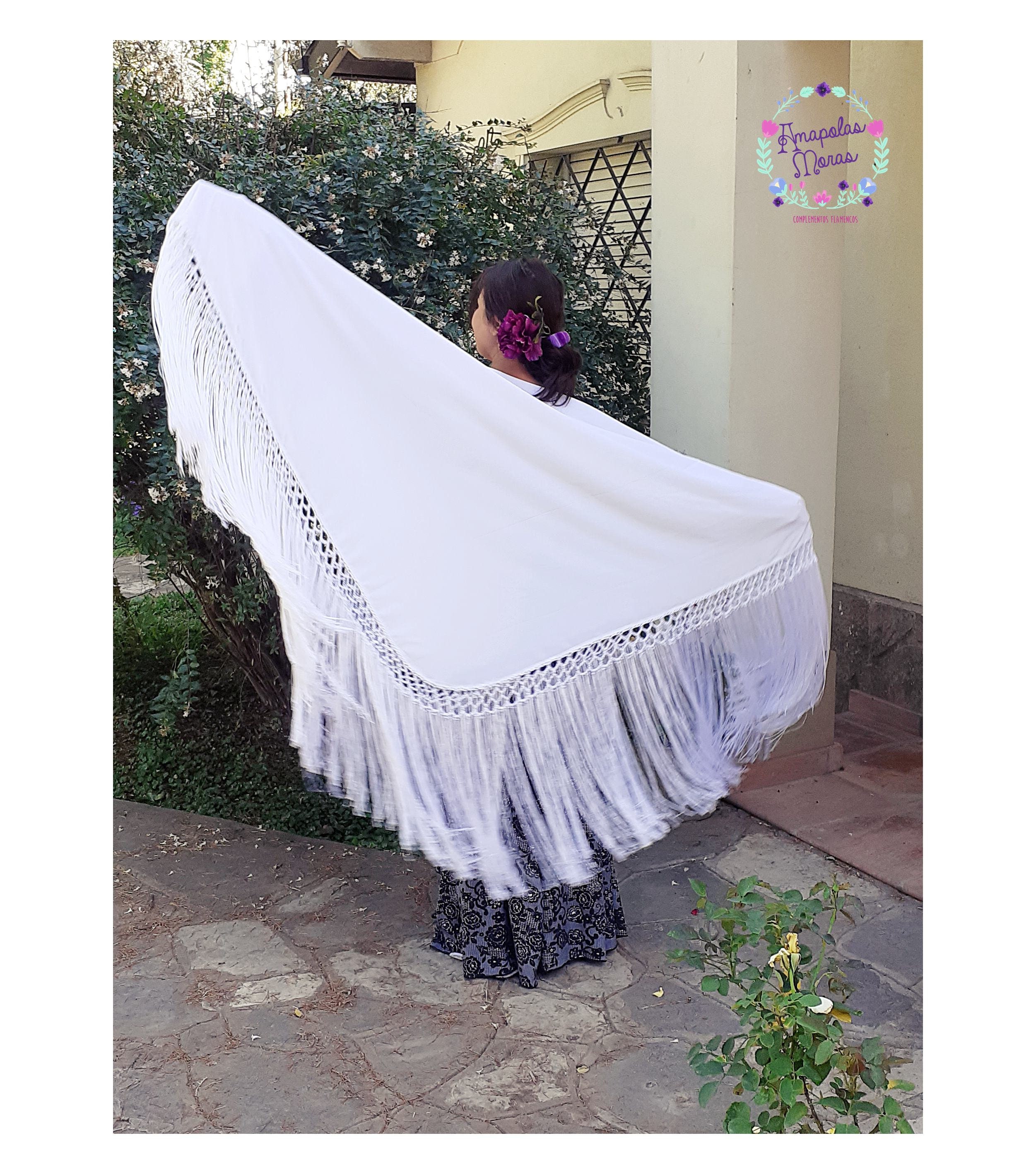 White Silk Piano Shawl spanish flamenco dancewear, parties dress or Weeding Shawl