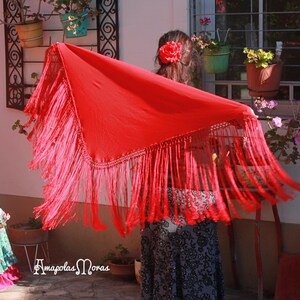 May include: A red shawl with fringe, worn by a person with a flower in their hair. The shawl is draped over the person's shoulders and the fringe is flowing in the wind.