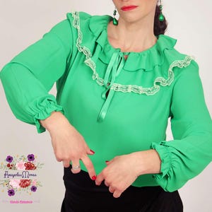 Silk Crepe Blouse with Ruffles on the Neckline and Lace Balloon Sleeves in Green. Flamenco Dance Romantic Spanish Dance