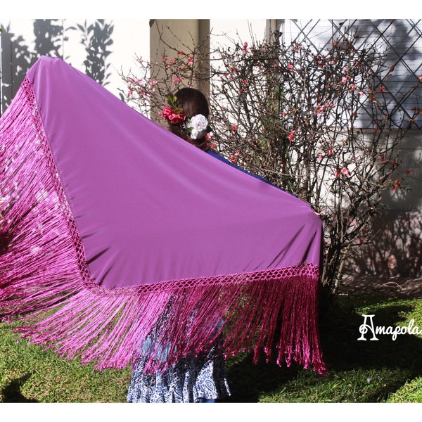 Manton cuadrado de seda Violeta liso para baile flamenco o fiestas. 1.40 mt mas flecos de seda