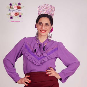 Violet Stretch Crepe Blouse with Bow Ruffle and Lace Trim on the Neckline. Romantic Spanish Flamenco Dance