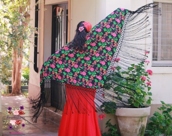 Black Silk piano shawl Mantón for spanish flamenco dance , dancewear, parties dress