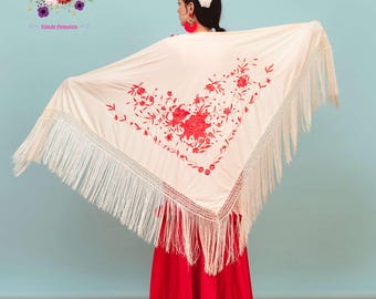Ecru Triangle embroidery piano shawl, Red Manila flowers in silk jersey fabric - Flamenco Spanish Style