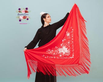 Red Triangle embroidery piano shawl, white Manila flowers in silk jersey fabric - Flamenco Spanish Style