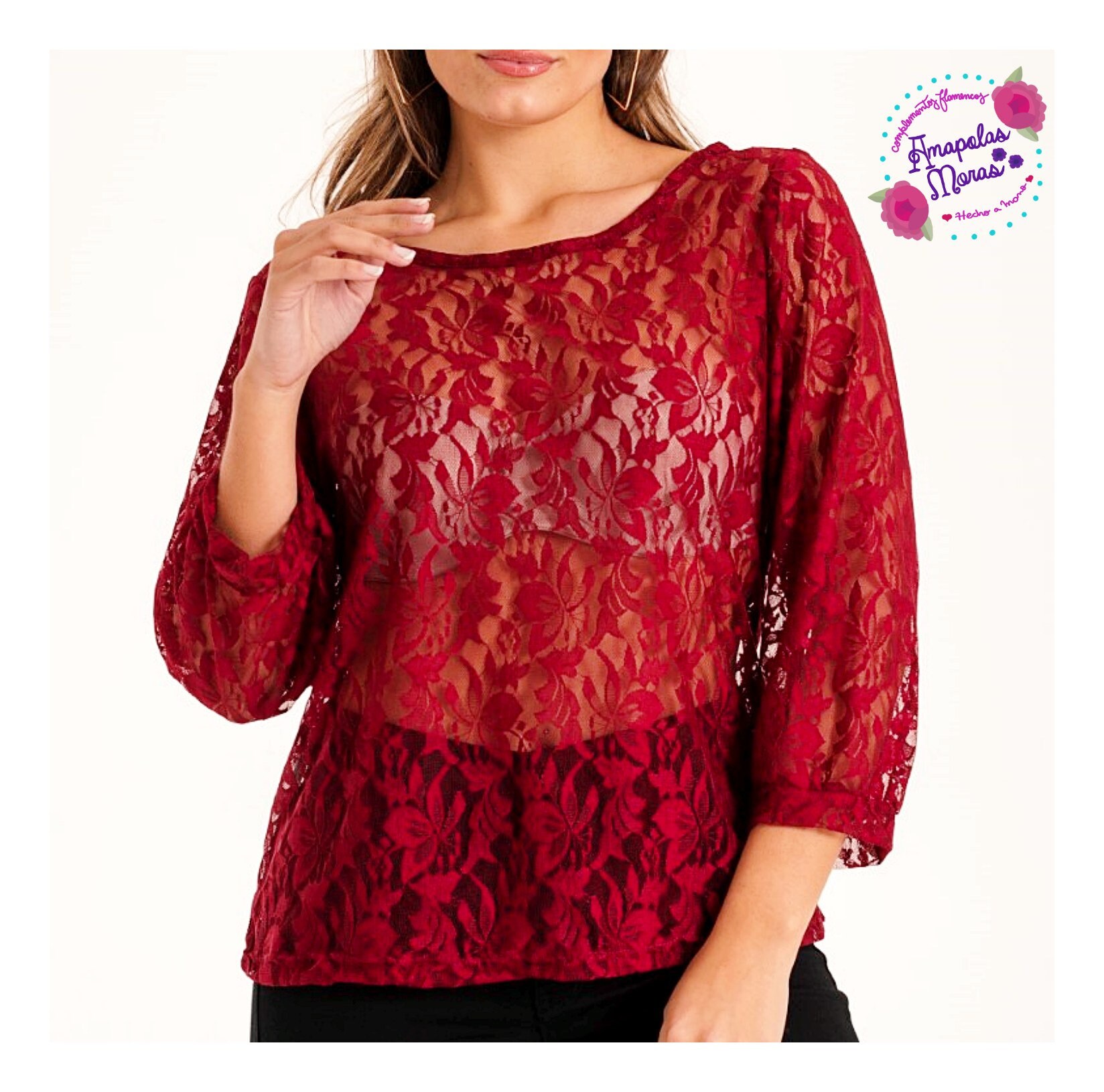 七分袖ボルドーレースフラメンコブラウストップ。ジプシー スペイン