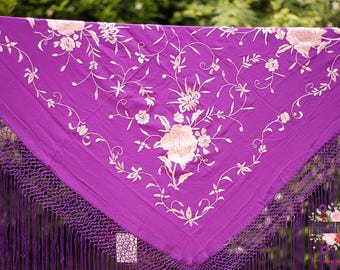 Violet Piano Shawl Hand Embroidered Silk Manila Shawl Foronda 105mt. Flamenco Dance, Spanish Dances, Party Shawls.