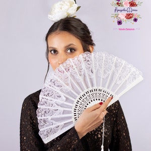 White wooden hand fan lace and tassel. Wedding. Bride Fan. Flamenco Costumes