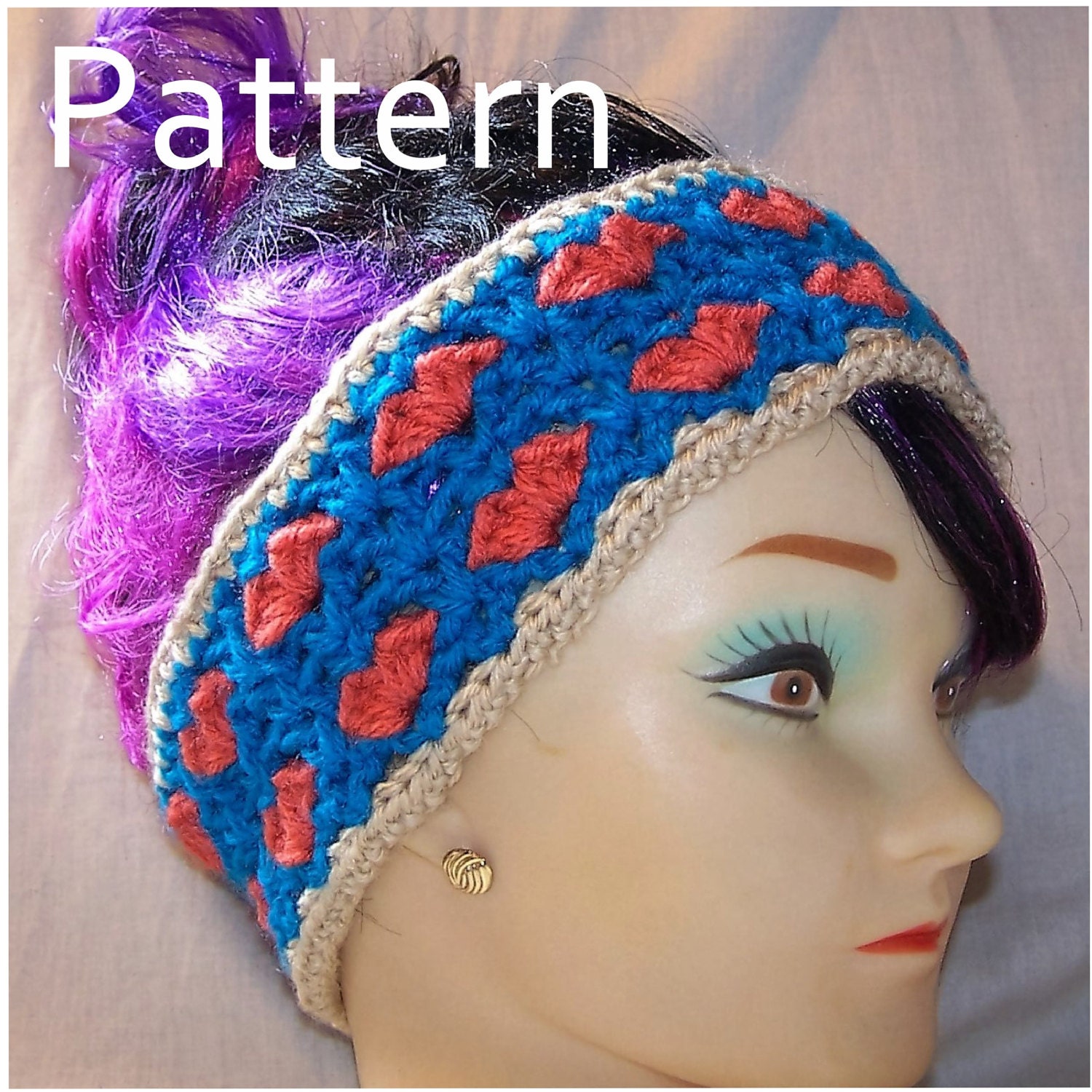 Boho Hearts Crochet Headband Pattern, Headband, Ear Warmer. Head Warmer
