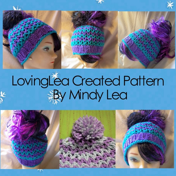 Messy Bun Hat Pattern in V-Stripes, Poof Ball Beanie Pattern, Crochet Pattern, Ponytail Hat, High Bun Beanie, Open Top Hat, Puff Ball Beanie