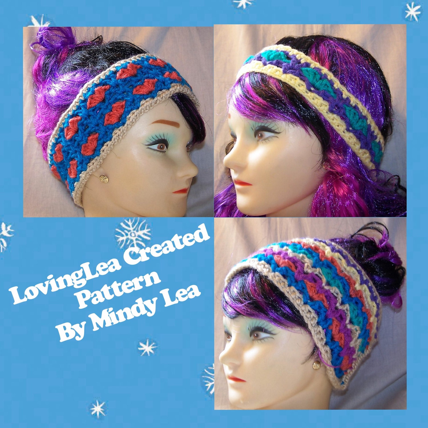 Boho Hearts Crochet Headband Pattern, Headband, Ear Warmer. Head Warmer