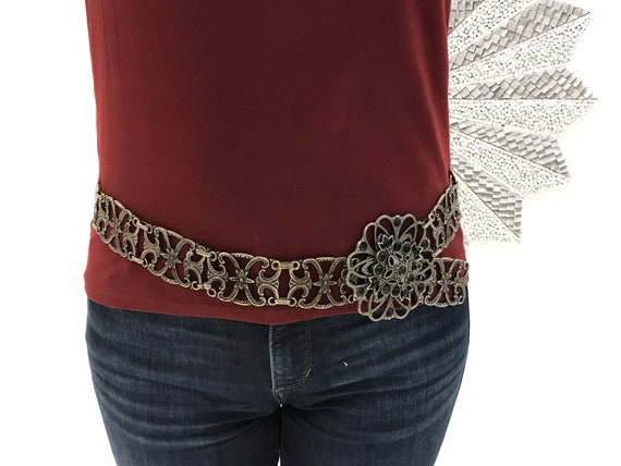 ladies metal belt, chain belt, floral belt, black