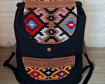 Boho Backpack,Handmade Embroidered Ethnic Denim Backpack, Tribal Bohemian Style Bag