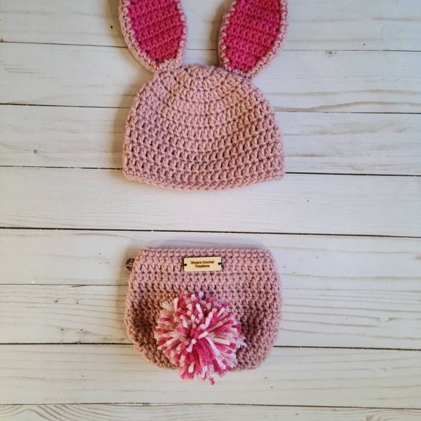 Crochet newborn bunny outfit, Rabbit photo prop outfit, pink bun
