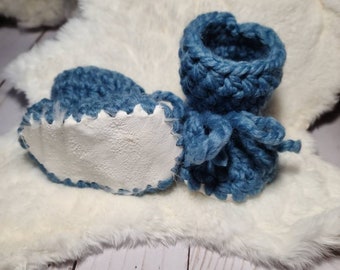 Crochet baby slippers with rabbit hide sole, real hide slippers, infant slippers, blue toddler slippers