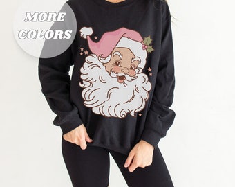 pink christmas santa sweatshirt, santa sweatshirt, santa shirt for her, womens santa shirt, santa, Unisex Heavy Blend™ Crewneck Sweatshirt